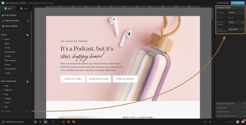 Configure Showit Podcast Page Settings - Tonic Site Shop