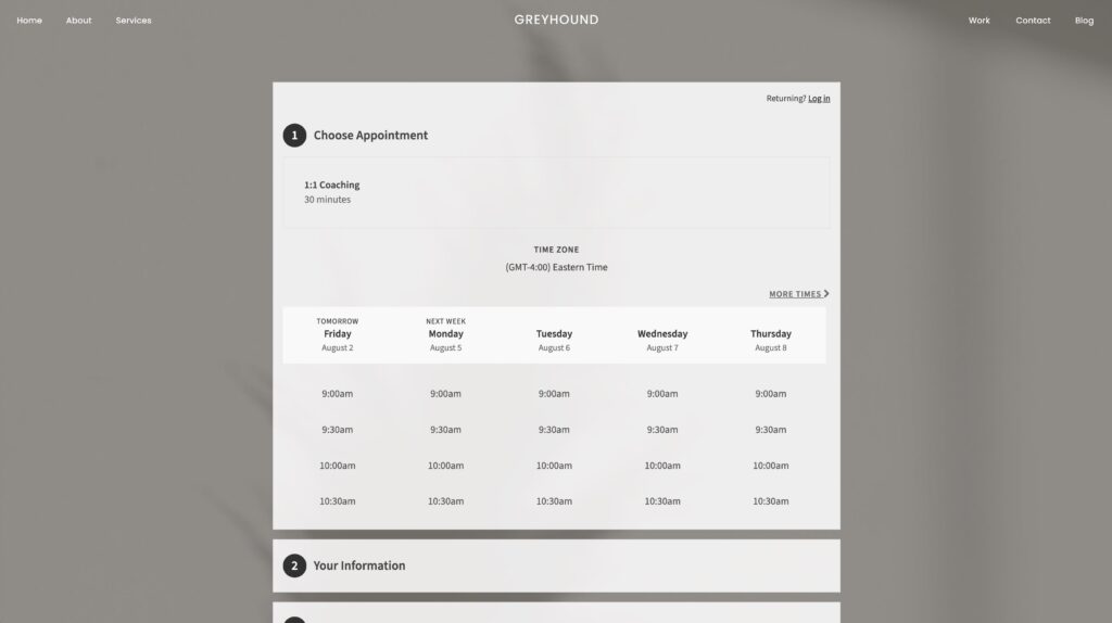 Acuity booking calendar on a Showit website template