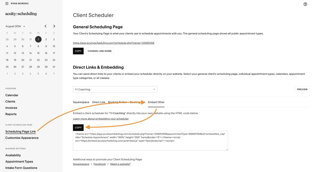 Copy your Acuity embed code in order to add it to Showit