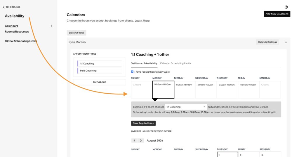 acuity setting availability times on your calendar